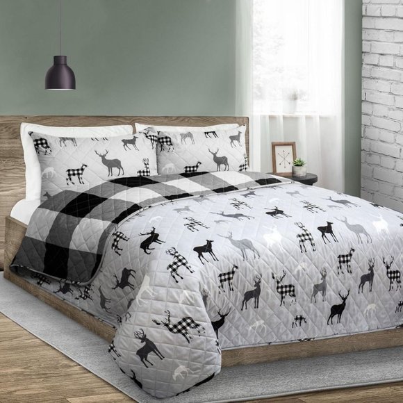 New Buffalo Plaid 3-Piece Quilt Set • Reversible Grey Deer • KING - Picture 2 of 4